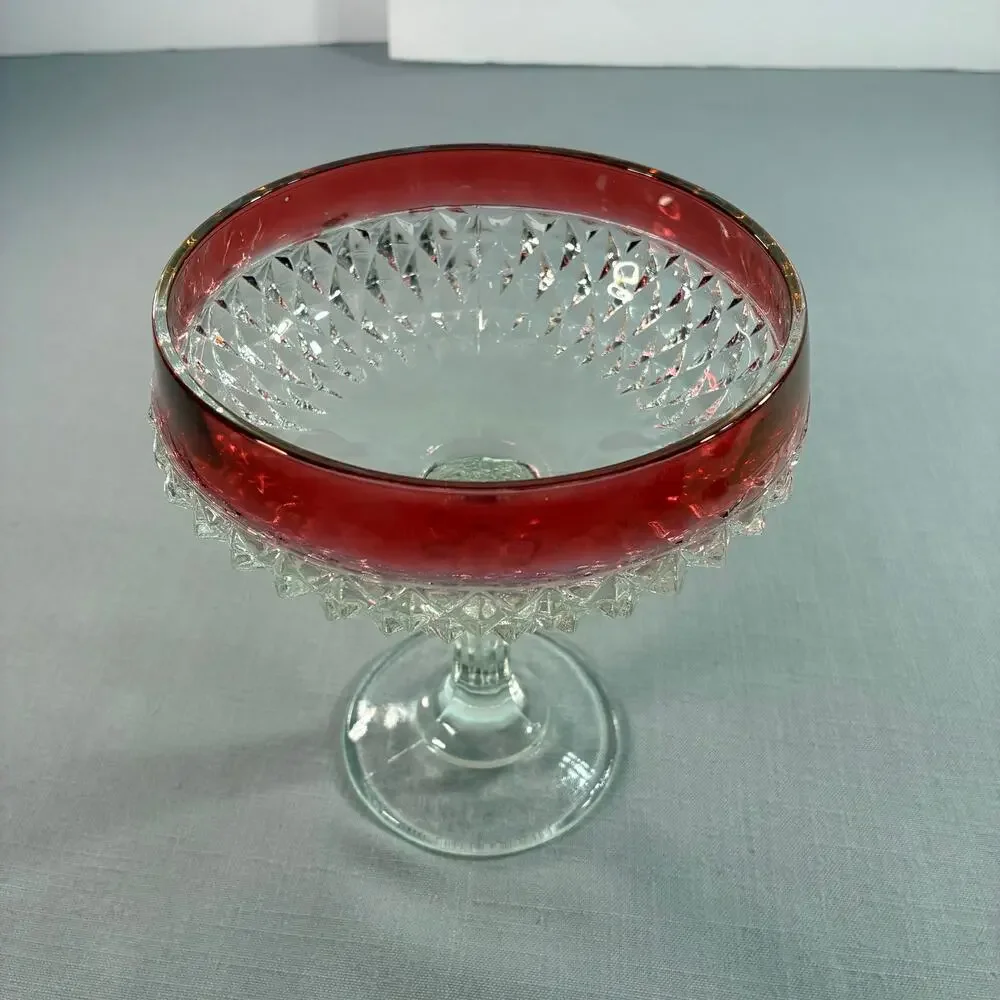 Vintage Ruby Flash Glass Pedestal Compote Candy Dish Bowl Diamond Point Clear